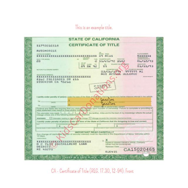 California Certificate of Title (REG 17.30, 12-94) Front | Kids Car Donations